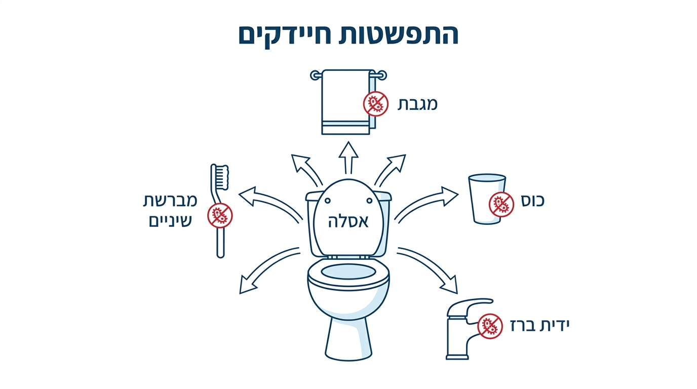 התפשטות חיידקים מהאסלה למברשת שיניים, מגבת, כוס וידית ברז